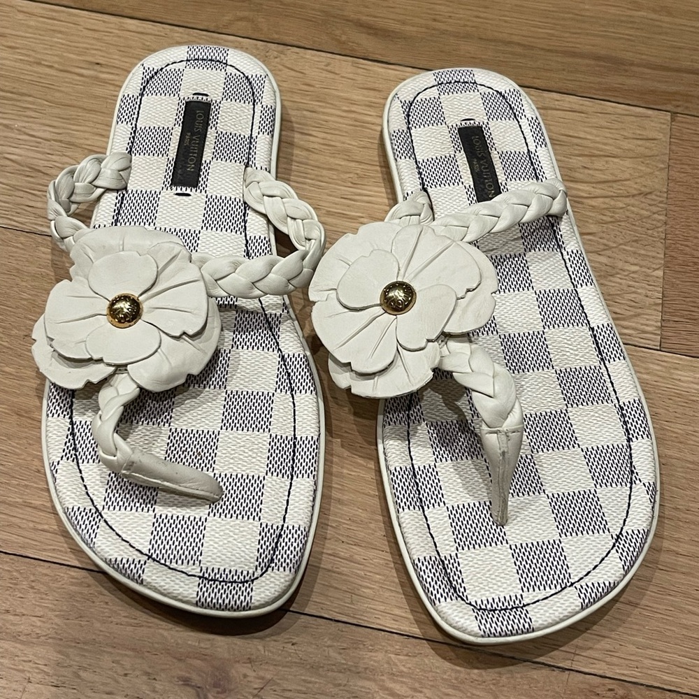 LOUIS VUITTON Azur Damier Flower Thames Thong Sandals Size 37 7
